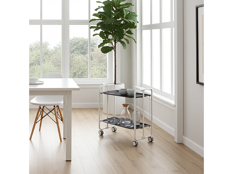 Carrito auxiliar plegable con ruedas - Estructura metálica blanca, 2 estantes negros laminados – 72*66*43 cm - BAUHAUS