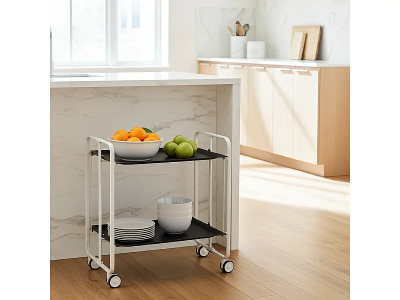 Carrito auxiliar plegable con ruedas - Estructura metálica blanca, 2 estantes negros laminados – 72*66*43 cm - BAUHAUS