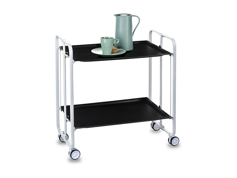 Klappbarer Servierwagen mit Rädern - Weißer Metallrahmen, 2 schwarz laminierte Etagen - 72*66*43 cm - BAUHAUS