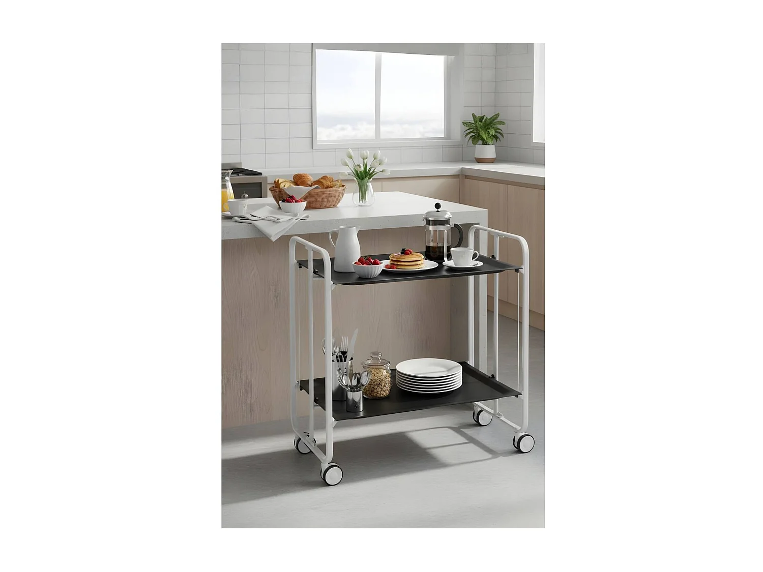 Carrito auxiliar plegable con ruedas - Estructura metálica blanca, 2 estantes negros laminados – 72*66*43 cm - BAUHAUS