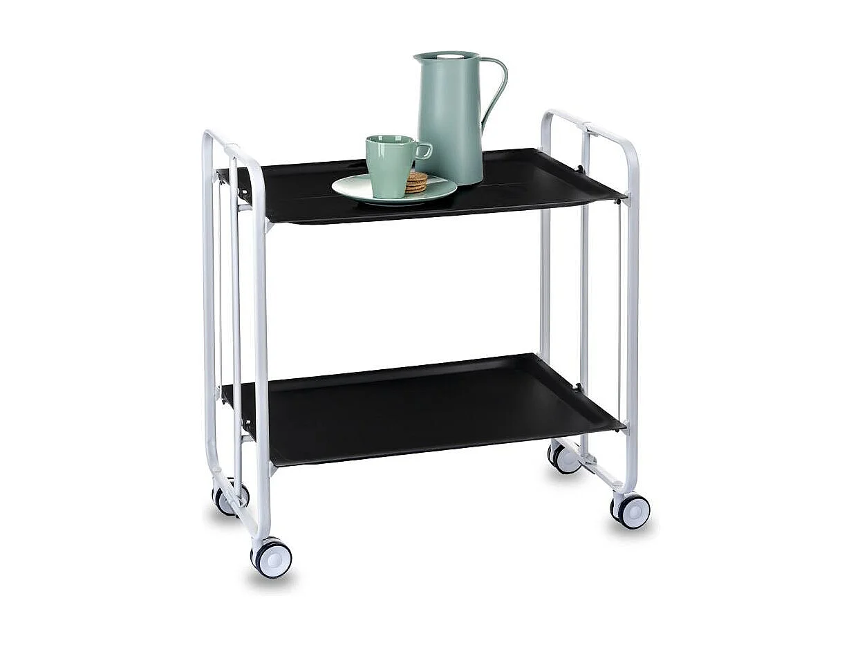 Carrito auxiliar plegable con ruedas - Estructura metálica blanca, 2 estantes negros laminados – 72*66*43 cm - BAUHAUS