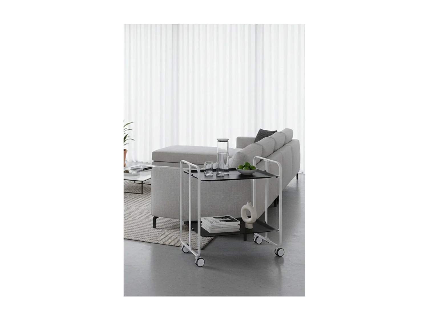 Carrito auxiliar plegable con ruedas - Estructura metálica blanca, 2 estantes negros laminados – 72*66*43 cm - BAUHAUS