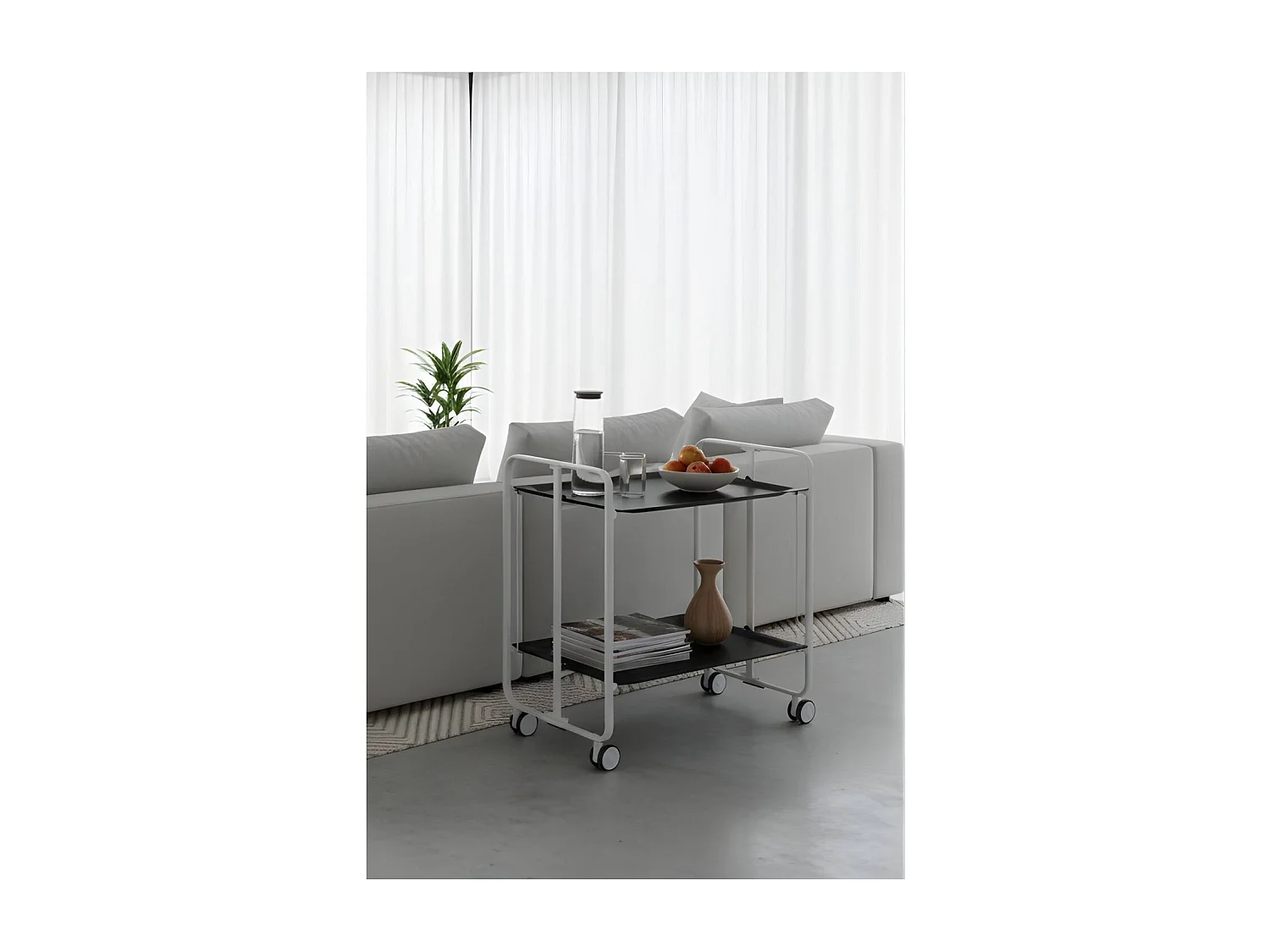 Carrito auxiliar plegable con ruedas - Estructura metálica blanca, 2 estantes negros laminados – 72*66*43 cm - BAUHAUS