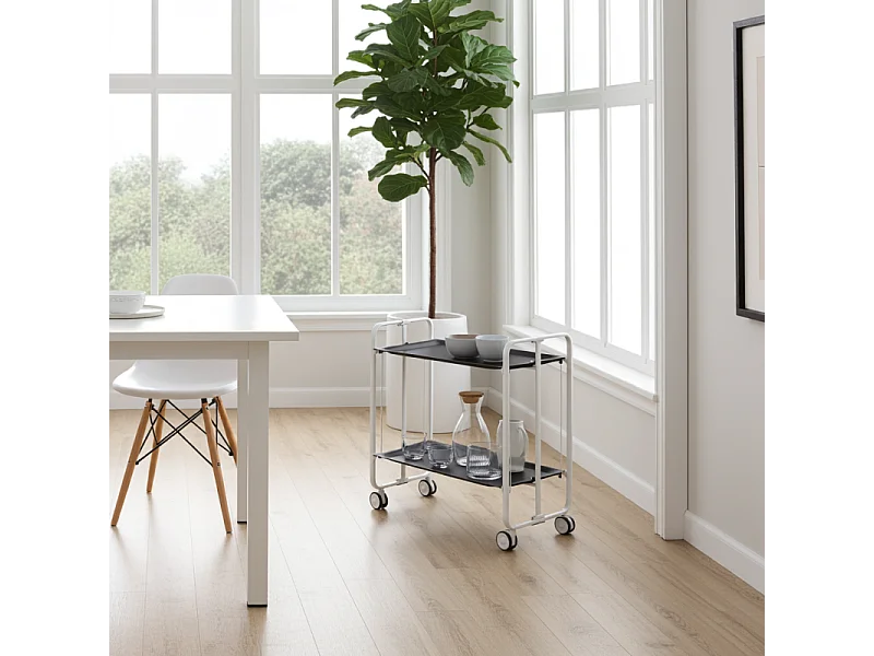 Klappbarer Servierwagen mit Rädern - Weißer Metallrahmen, 2 schwarz laminierte Etagen - 72*66*43 cm - BAUHAUS