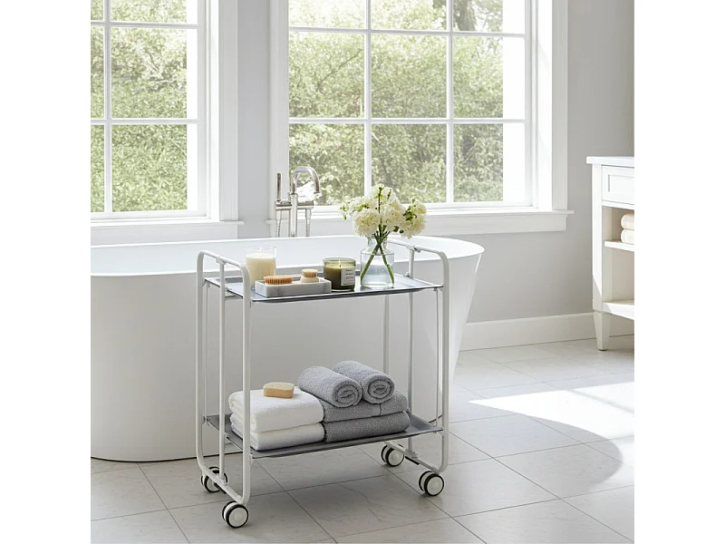 Carrito auxiliar plegable con ruedas - Estructura metálica blanca, 2 estantes gris laminados – 72*66*43 cm - BAUHAUS