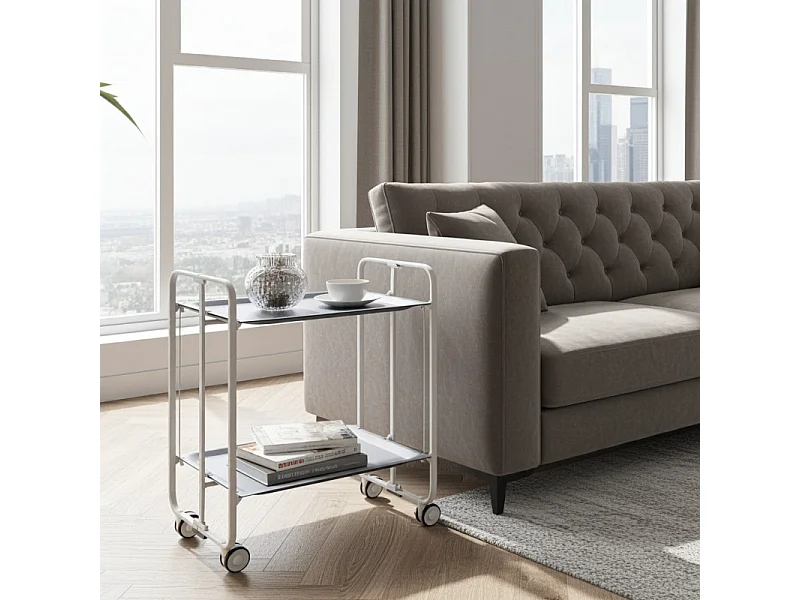 Klappbarer Servierwagen mit Rädern - Weißer Metallrahmen, 2 graue laminierte Etagen - 72*66*43 cm - BAUHAUS