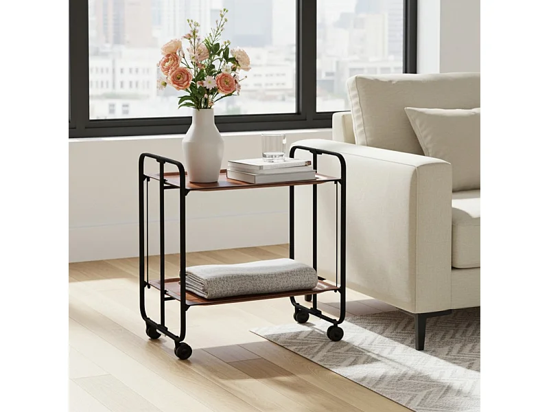 Carrito auxiliar plegable con ruedas - Estructura metálica negra, 2 estantes laminados color Cedro – 72*66*43 cm - BAUHAUS