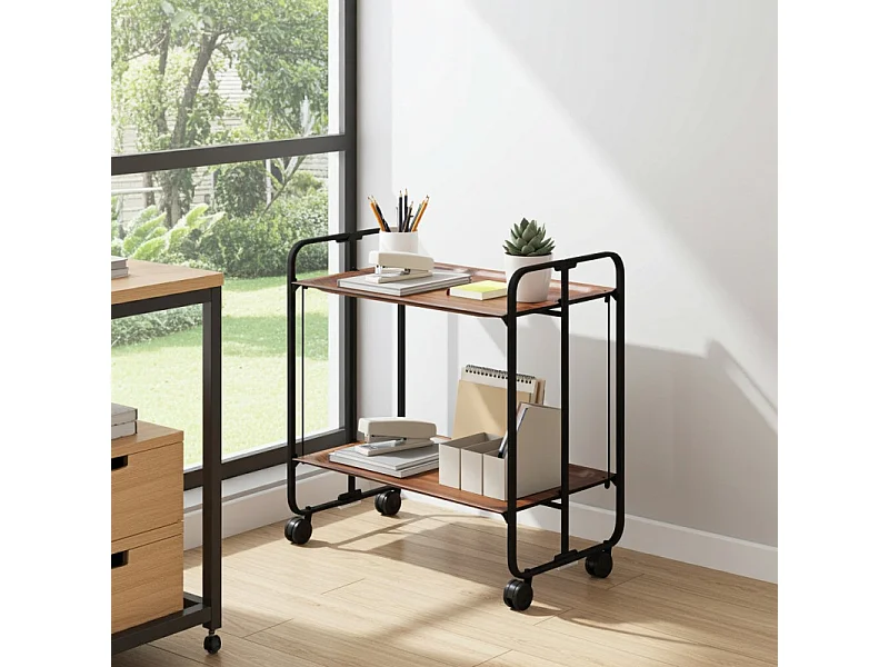 Carrito auxiliar plegable con ruedas - Estructura metálica negra, 2 estantes laminados color Cedro – 72*66*43 cm - BAUHAUS