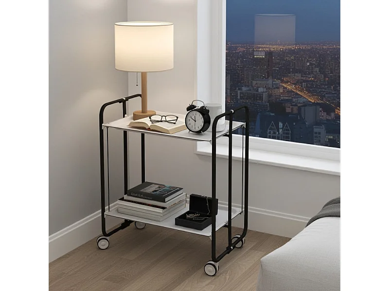 Carrito auxiliar plegable con ruedas - Estructura metálica negra, 2 estantes blancos laminados – 72*66*43 cm - BAUHAUS