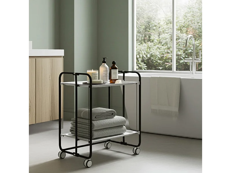 Carrito auxiliar plegable con ruedas - Estructura metálica negra, 2 estantes blancos laminados – 72*66*43 cm - BAUHAUS