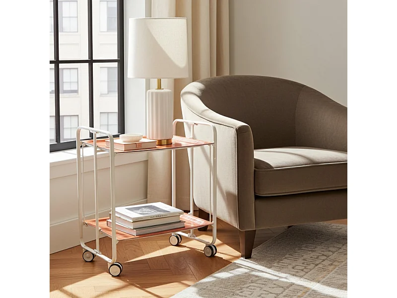 Carrito auxiliar plegable con ruedas - Estructura metálica blanca, 2 estantes laminados color Rayas anaranjadas – 72*66*43 cm - BAUHAUS