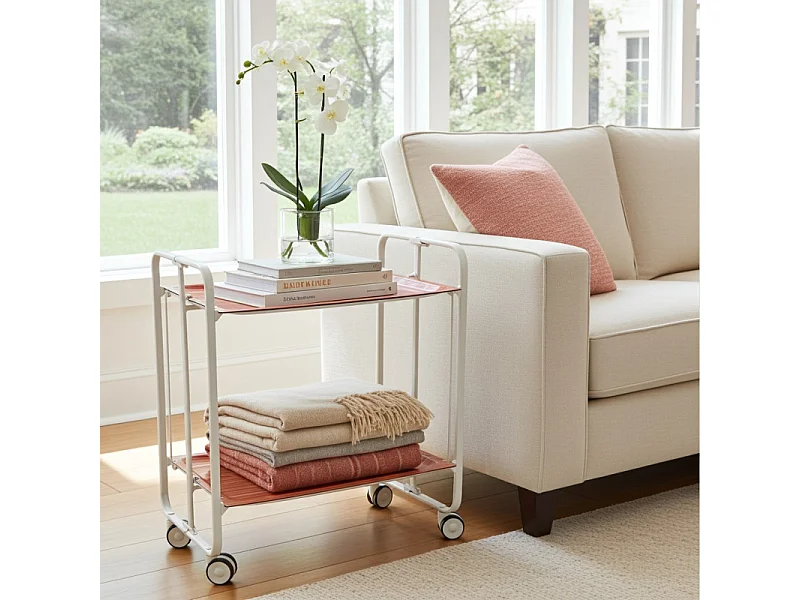 Carrito auxiliar plegable con ruedas - Estructura metálica blanca, 2 estantes laminados color Rayas anaranjadas – 72*66*43 cm - BAUHAUS