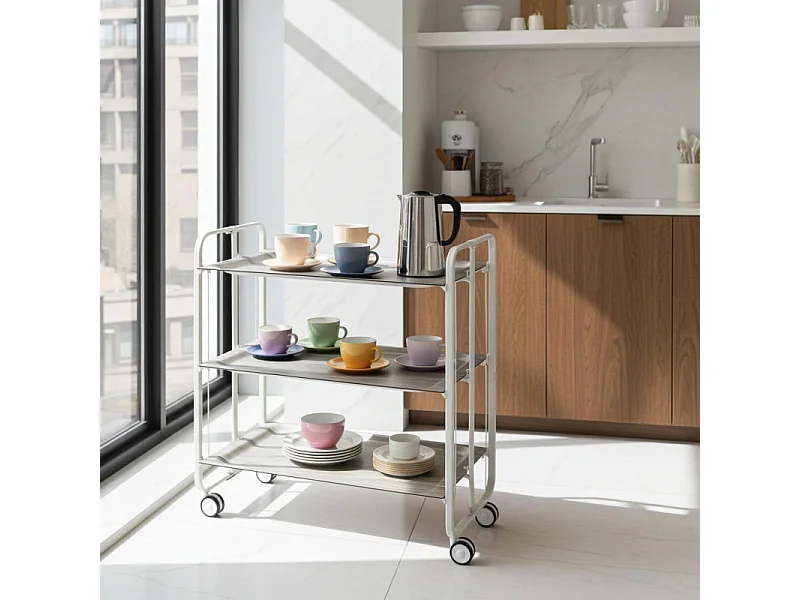 Klappbarer Servierwagen BAUHAUS mit Rollen – Metallgestell weiß, 3 Ebenen, 3 Positionen