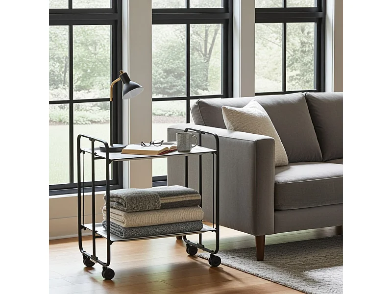 Carrito auxiliar plegable con ruedas - Estructura metálica negra, 2 estantes laminados color Pino envejecido – 72*66*43 cm - BAUHAUS