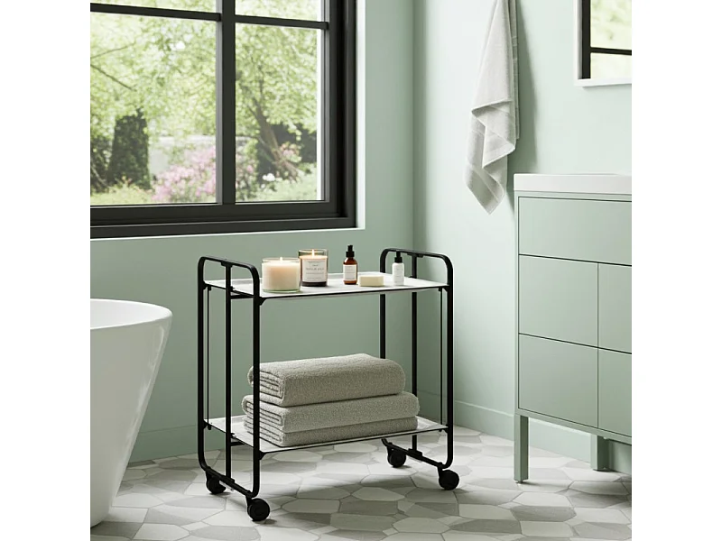 Carrito auxiliar plegable con ruedas - Estructura metálica negra, 2 estantes laminados color Pino envejecido – 72*66*43 cm - BAUHAUS