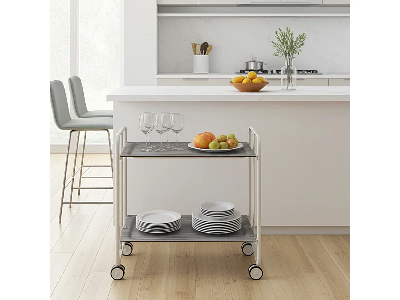 DON HIERRO - Carrito auxiliar plegable BAUHAUS con ruedas - Armazón metálico blanco, 2 niveles y 4 posiciones ajustables-Pino envejecido