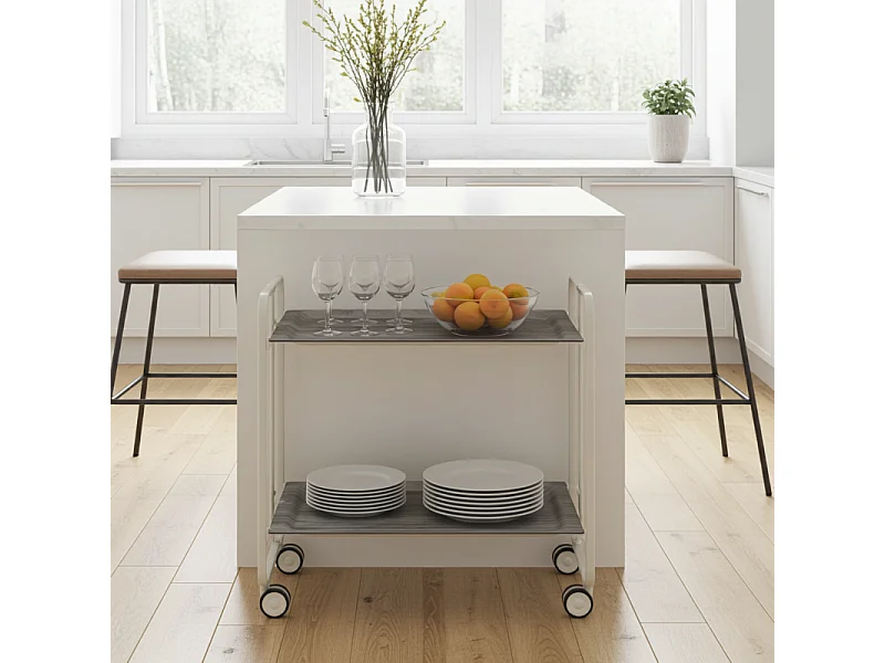 DON HIERRO - Carrito auxiliar plegable BAUHAUS con ruedas - Armazón metálico blanco, 2 niveles y 4 posiciones ajustables-Pino envejecido