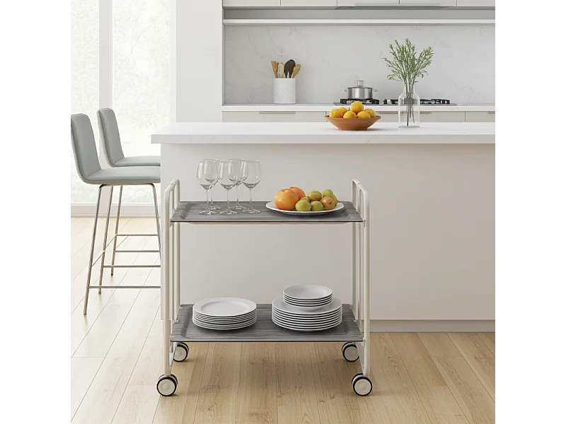 DON HIERRO - Carrito auxiliar plegable BAUHAUS con ruedas - Armazón metálico blanco, 2 niveles y 4 posiciones ajustables-Pino envejecido