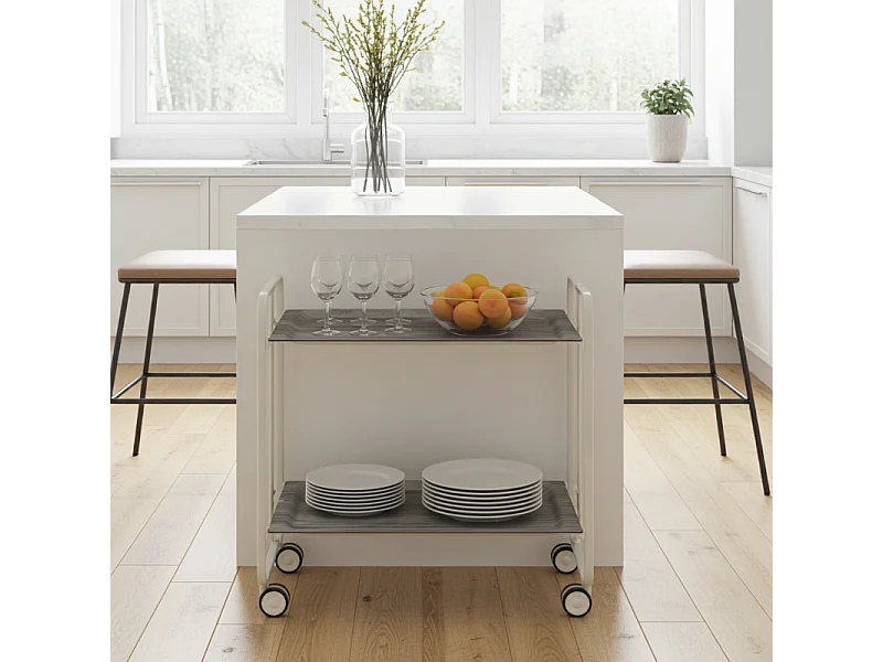 DON HIERRO - Carrito auxiliar plegable BAUHAUS con ruedas - Armazón metálico blanco, 2 niveles y 4 posiciones ajustables-Pino envejecido