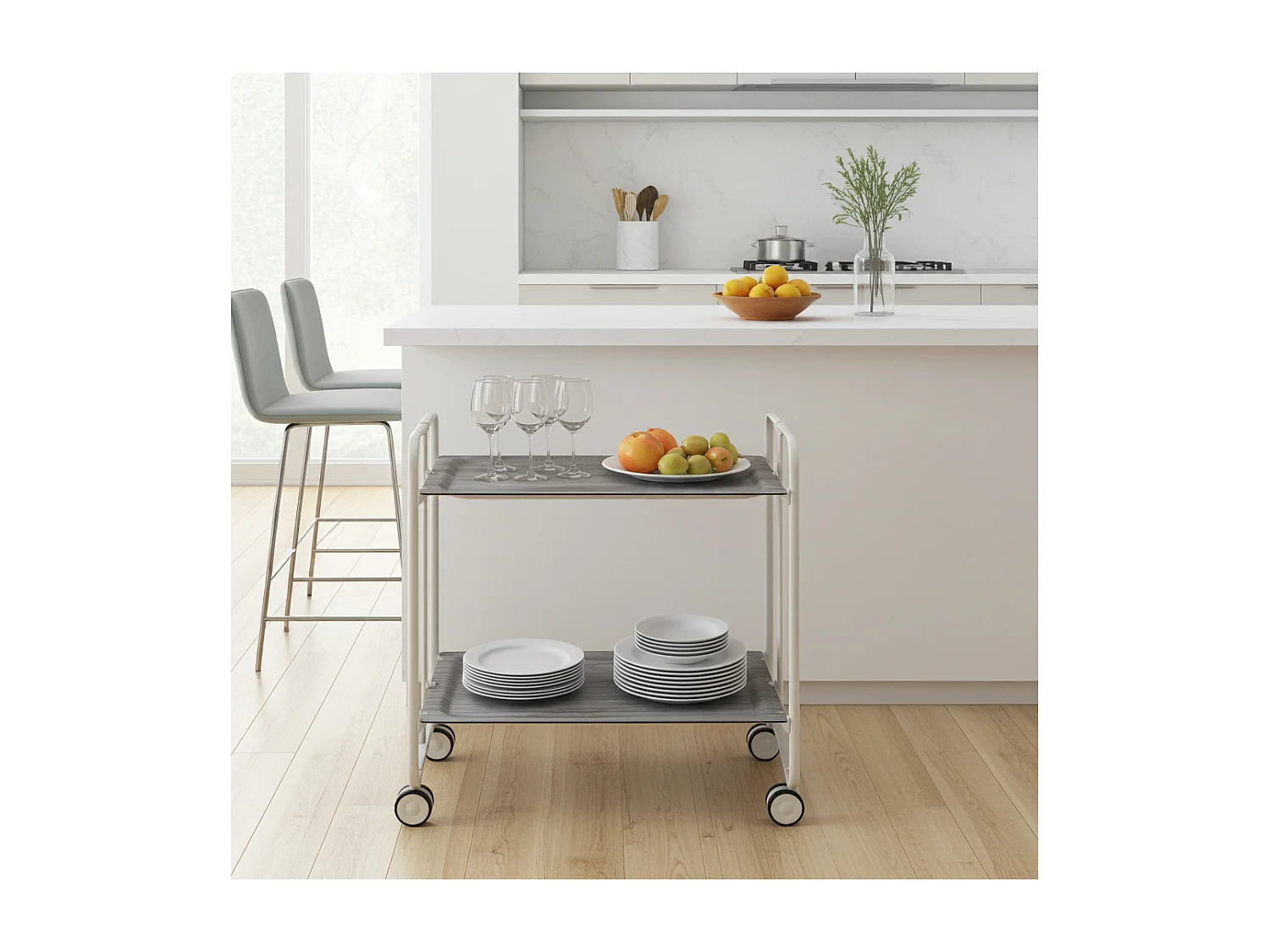 DON HIERRO - Carrito auxiliar plegable BAUHAUS con ruedas - Armazón metálico blanco, 2 niveles y 4 posiciones ajustables-Pino envejecido
