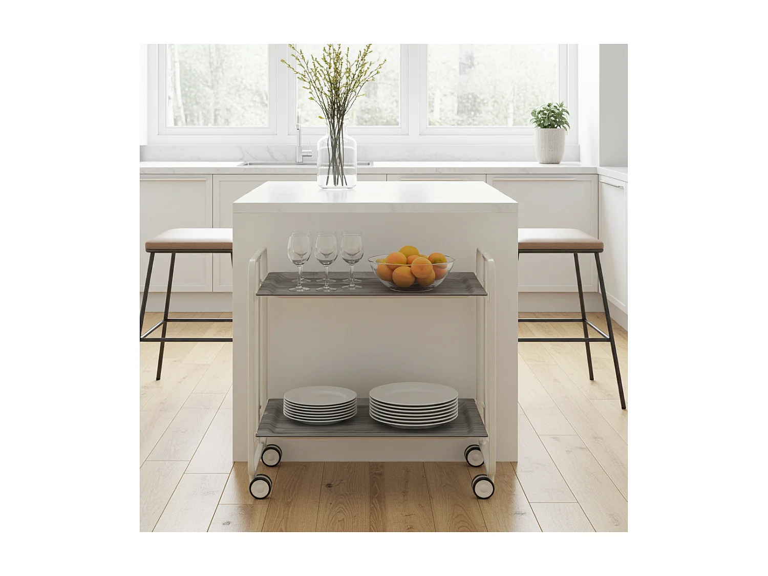 DON HIERRO - Carrito auxiliar plegable BAUHAUS con ruedas - Armazón metálico blanco, 2 niveles y 4 posiciones ajustables-Pino envejecido