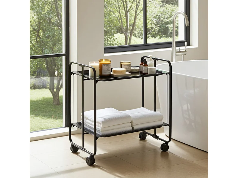 Carrito auxiliar plegable con ruedas - Estructura metálica negra, 2 estantes laminados negros – 72*66*43 cm - BAUHAUS