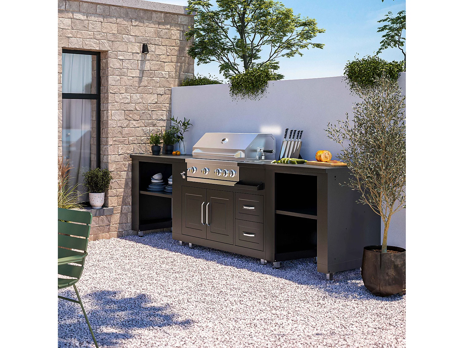 Cuisine d'extérieur 3 élements avec barbecue noir