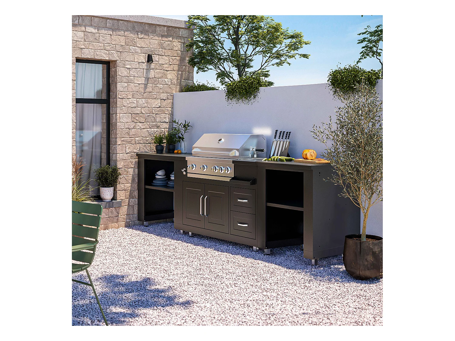Cuisine d'extérieur 3 élements avec barbecue noir