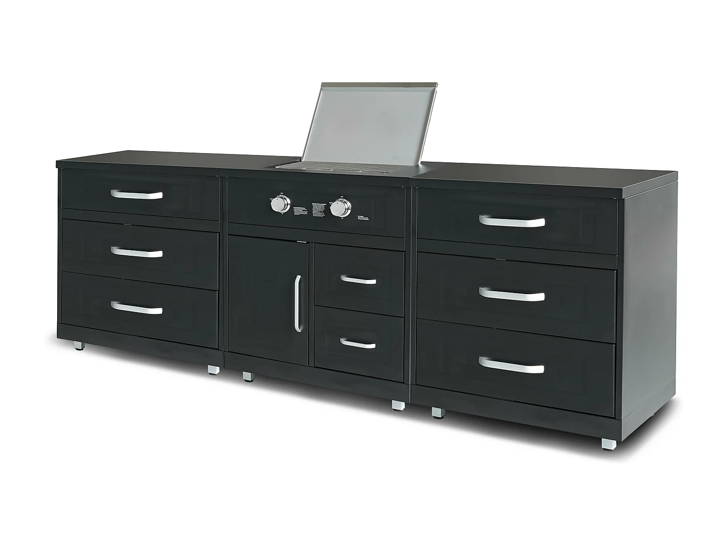 elementen buitenkeuken met zwart gasfornuis