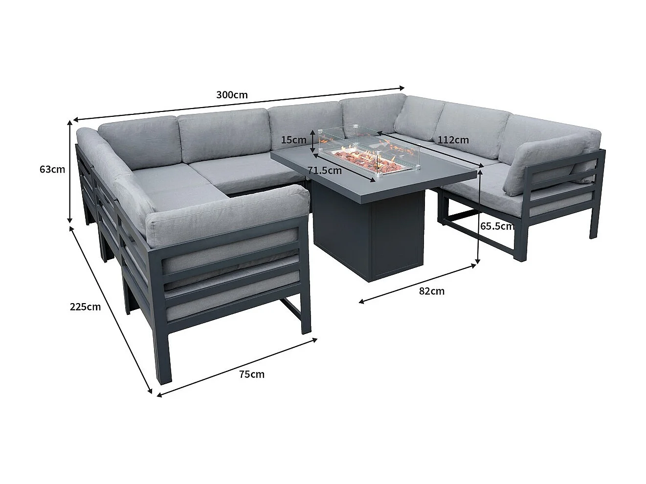 Salon de Jardin en Aluminium 8 Personnes & Table Foyer au Gaz