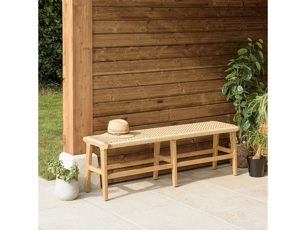 VALERIA - Banc de jardin 3 places bois de teck assise rotin beige