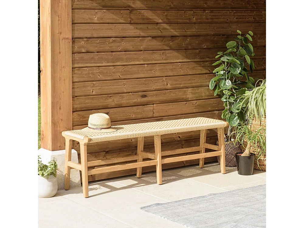 VALERIA - Banc de jardin 3 places bois de teck assise rotin beige