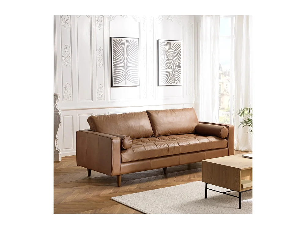 PIERRE - Canapé 3 places cuir couleur caramel assise capitonnée