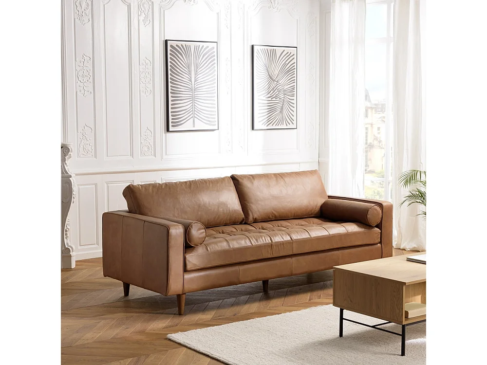 PIERRE - Canapé 3 places cuir couleur caramel assise capitonnée