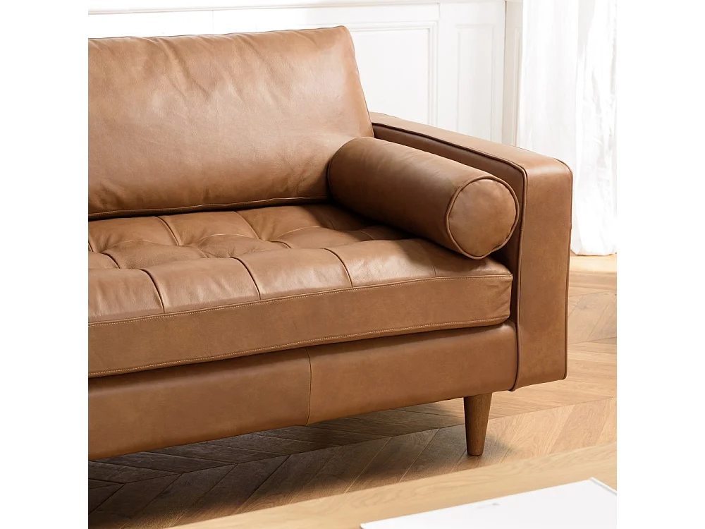 PIERRE - Canapé 3 places cuir couleur caramel assise capitonnée