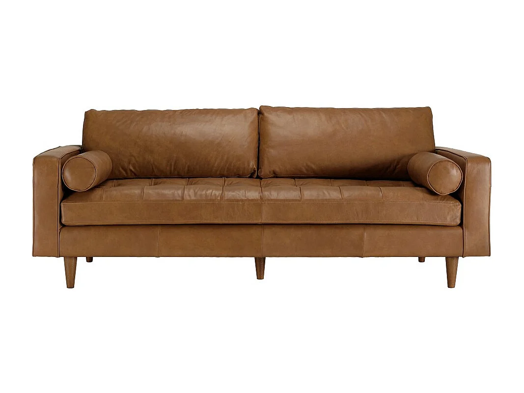 PIERRE - Canapé 3 places cuir couleur caramel assise capitonnée