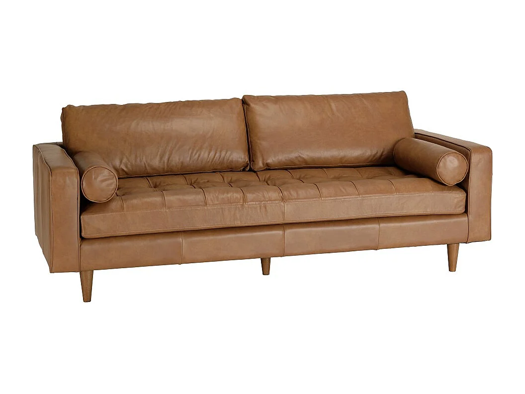 PIERRE - Canapé 3 places cuir couleur caramel assise capitonnée