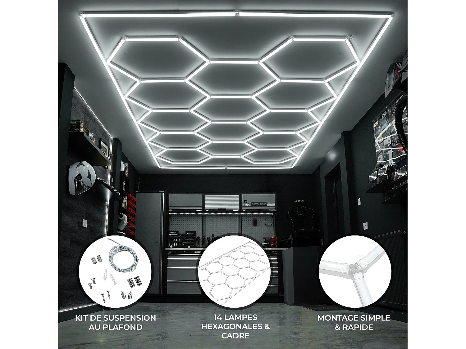 Plafonnier LED Hexagonaux 14 Lumières Blanches 120 Lumens 6500K & Bordure, Conception Modulaire Hexagonale [3 Choix de Montage, Kit de Plafond Suspendu INCLUS]