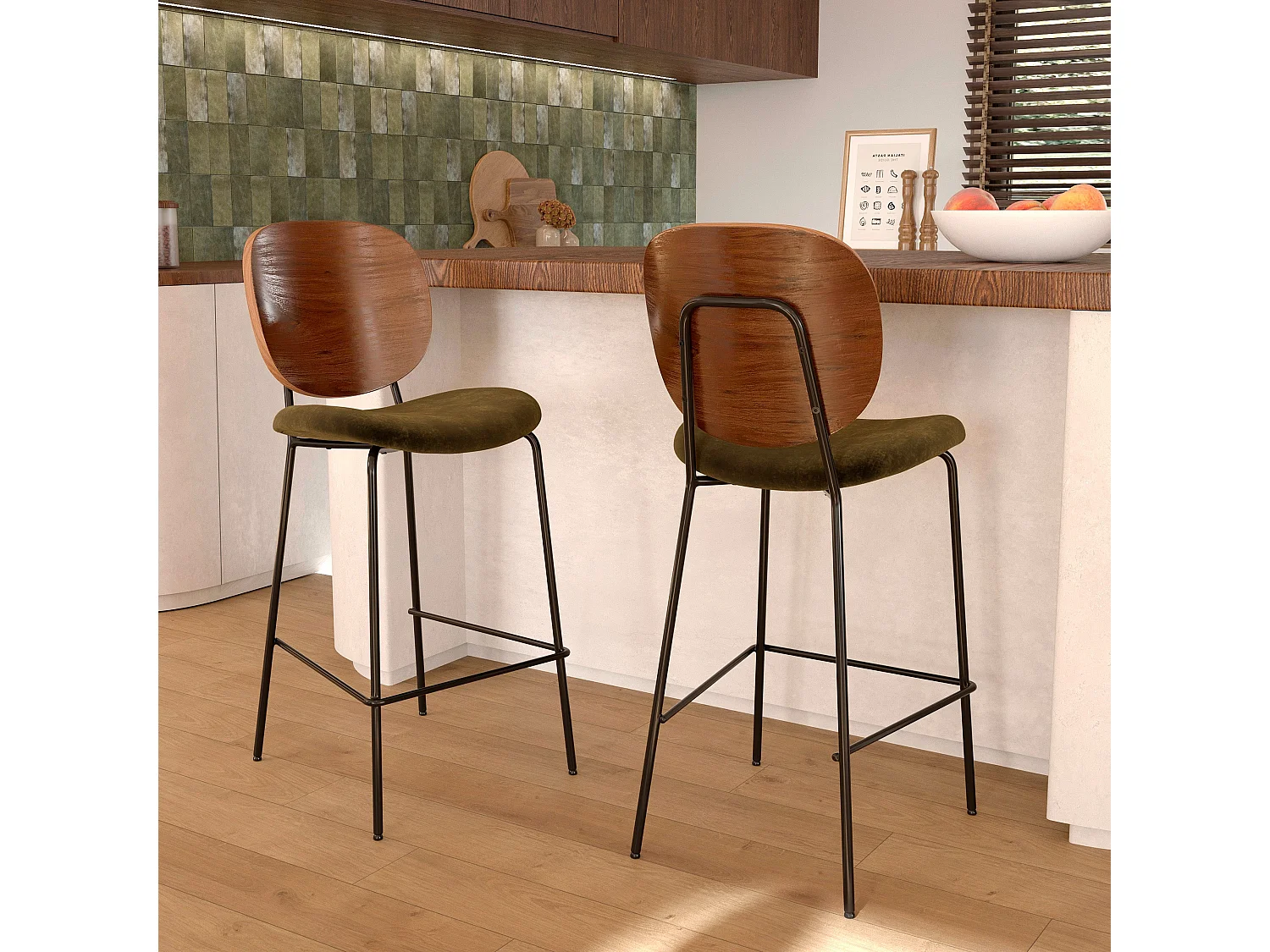 Lot de 2 chaises pour îlot central 65,5 cm en velours vert kaki - Simone