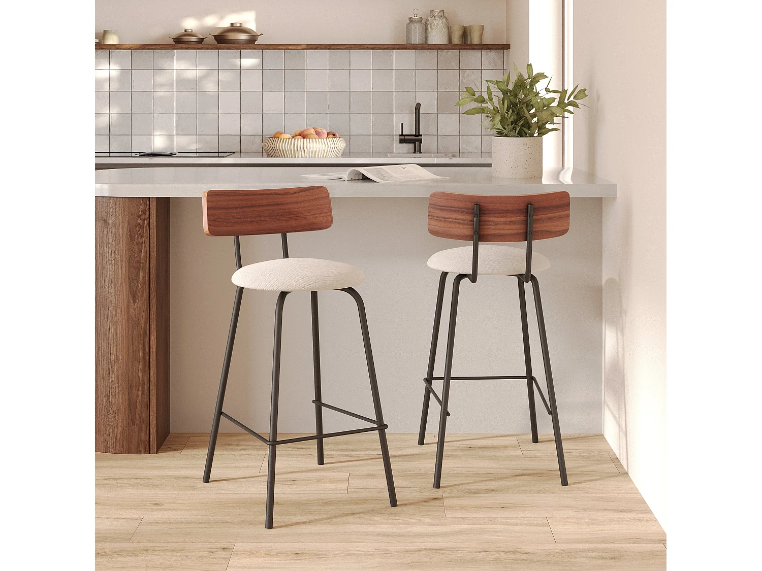 Lot de 2 chaises pour îlot central 64 cm en tissu beige - Alize