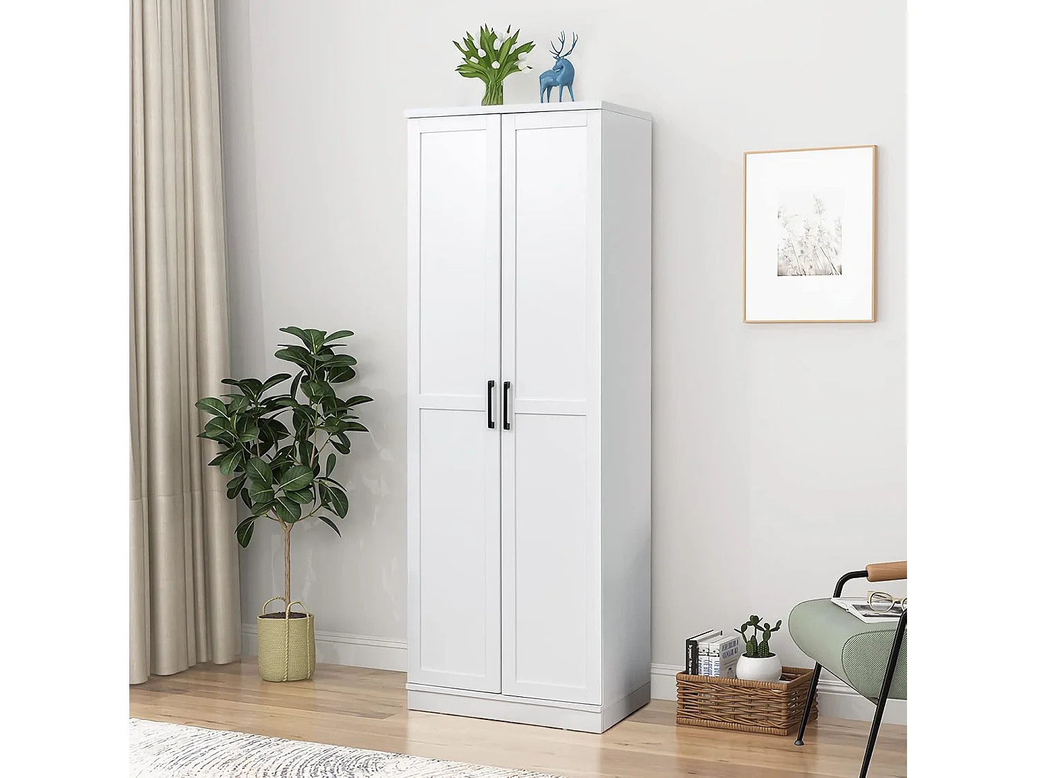 Armoire de Rangement, Armoire Chambre 2 Portes et 4 Étagères, Poignée en Métal, Armoire Multifonctionnelle, Blanc, 59 x 43,5 x 178cm