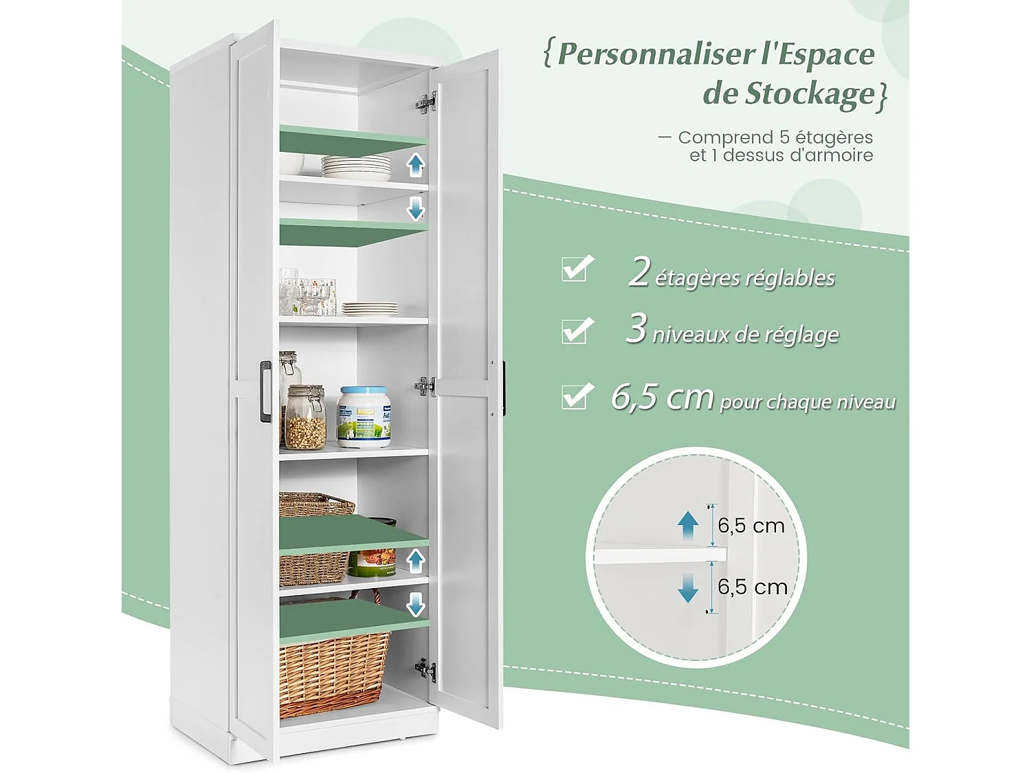 Armoire de Rangement, Armoire Chambre 2 Portes et 4 Étagères, Poignée en Métal, Armoire Multifonctionnelle, Blanc, 59 x 43,5 x 178cm