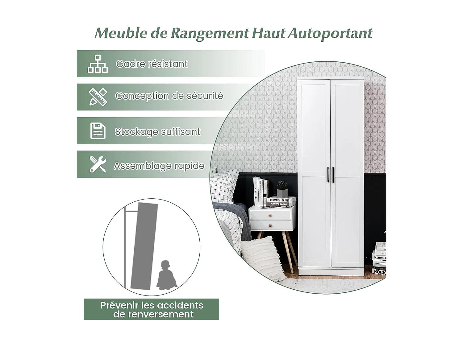 Armoire de Rangement, Armoire Chambre 2 Portes et 4 Étagères, Poignée en Métal, Armoire Multifonctionnelle, Blanc, 59 x 43,5 x 178cm