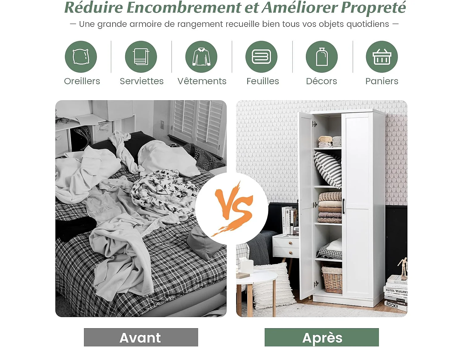 Armoire de Rangement, Armoire Chambre 2 Portes et 4 Étagères, Poignée en Métal, Armoire Multifonctionnelle, Blanc, 59 x 43,5 x 178cm