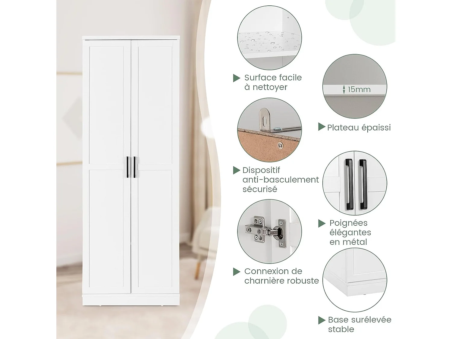 Armoire de Rangement, Armoire Chambre 2 Portes et 4 Étagères, Poignée en Métal, Armoire Multifonctionnelle, Blanc, 59 x 43,5 x 178cm