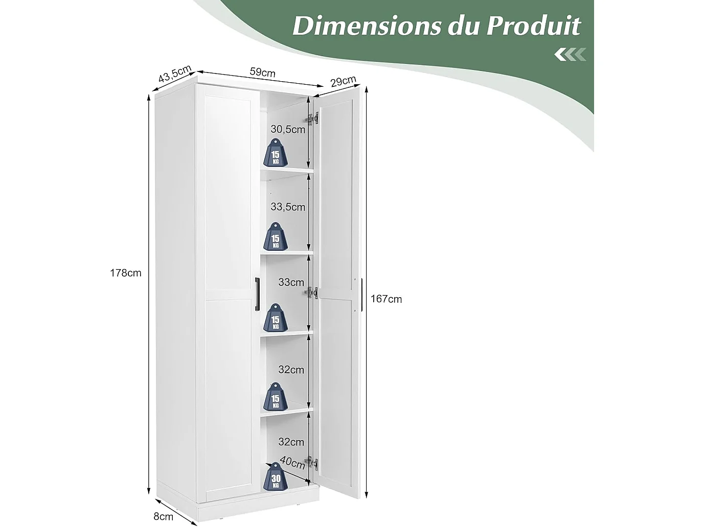 Armoire de Rangement, Armoire Chambre 2 Portes et 4 Étagères, Poignée en Métal, Armoire Multifonctionnelle, Blanc, 59 x 43,5 x 178cm