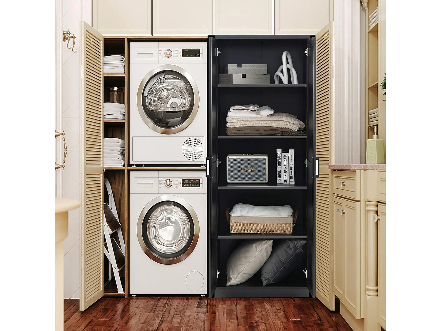 Armoire de Rangement, Armoire Chambre 2 Portes et 4 Étagères, Poignée en Métal, Armoire Multifonctionnelle, 59 x 43,5 x 178cm (Noir)