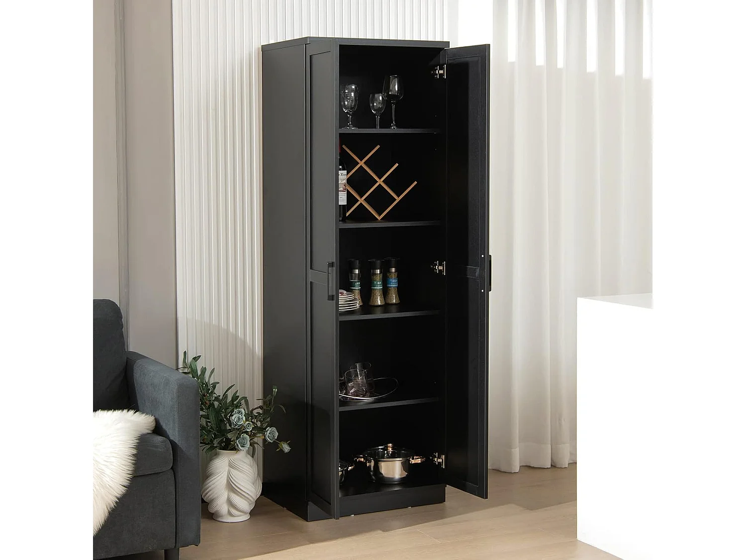 Armoire de Rangement, Armoire Chambre 2 Portes et 4 Étagères, Poignée en Métal, Armoire Multifonctionnelle, 59 x 43,5 x 178cm (Noir)