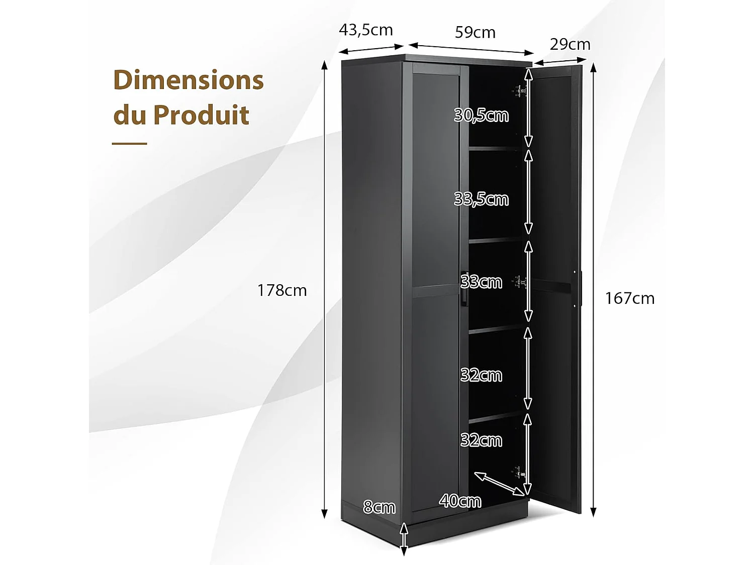Armoire de Rangement, Armoire Chambre 2 Portes et 4 Étagères, Poignée en Métal, Armoire Multifonctionnelle, 59 x 43,5 x 178cm (Noir)