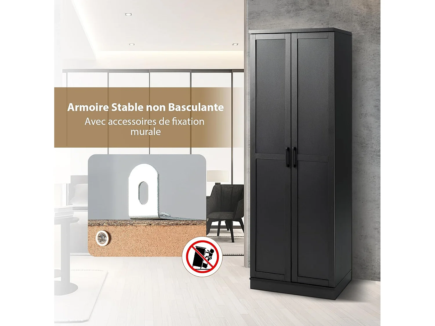 Armoire de Rangement, Armoire Chambre 2 Portes et 4 Étagères, Poignée en Métal, Armoire Multifonctionnelle, 59 x 43,5 x 178cm (Noir)